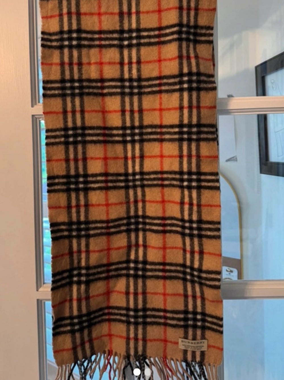 Burberry Camel Plaid Scarf with Black and Red Checks